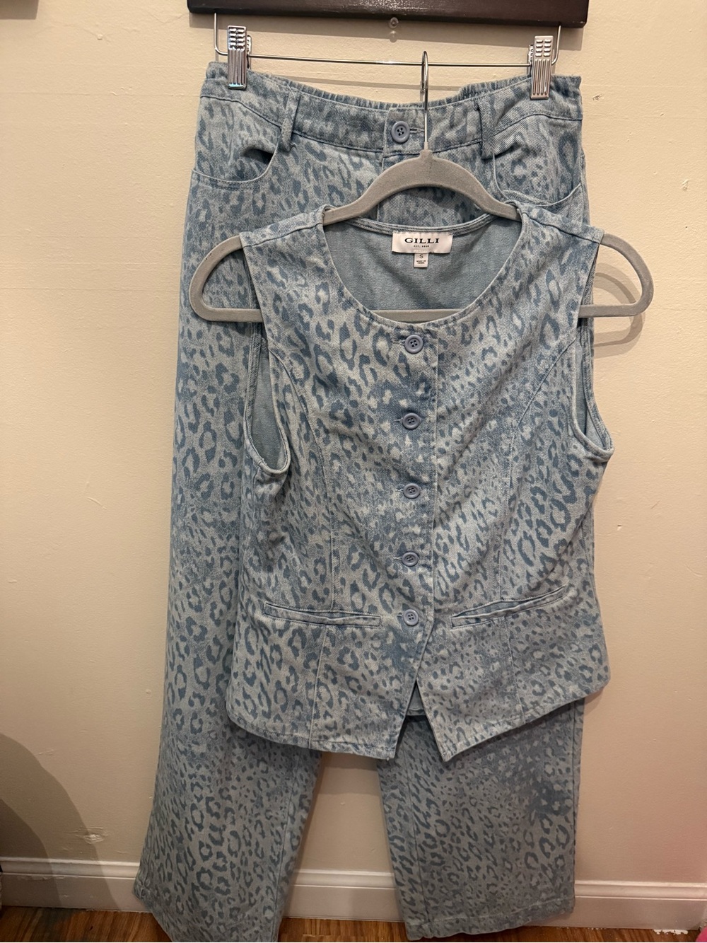 Gilli Blue Leopard Print Matching Set Vest & Wide Leg Pants Size Small